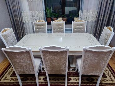 Masa və oturacaq dəstləri: Qonaq otağı üçün, İşlənmiş, Açılmayan, Dördbucaq masa, 8 stul
