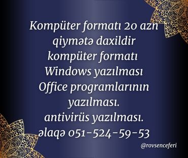 Noutbuklar, kompüterlər: Kompüter formatı 20 azn qiymətə daxildir kompüter formatı Windows