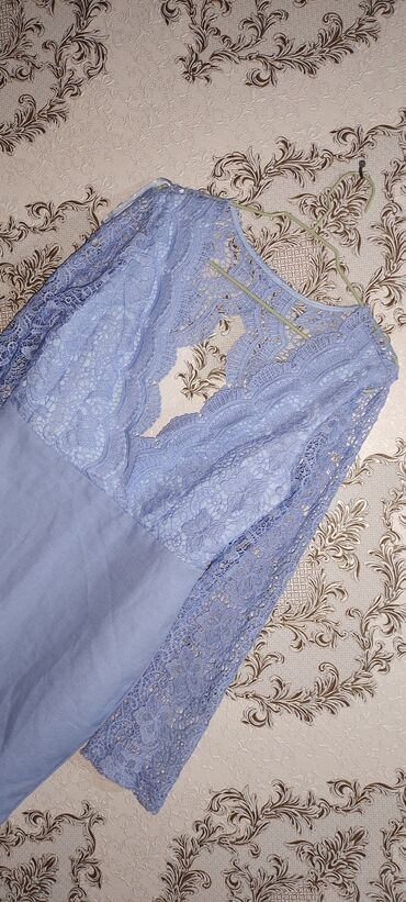 вязаное голубое платье: Вечернее платье, Короткая модель, С рукавами, 2XL (EU 44)
