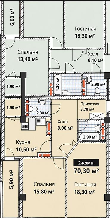 2комнат: Строится, 2 комнаты, 70 м² — 10