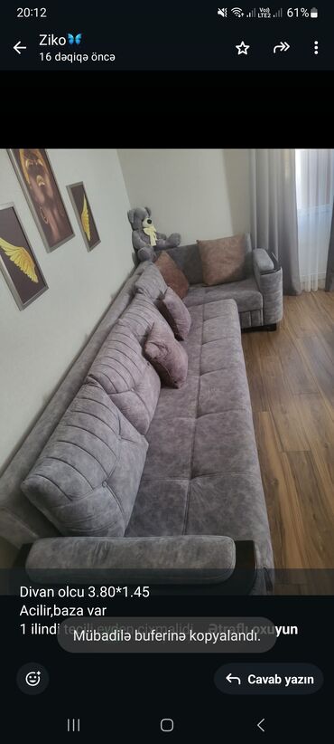 Вешалки: Divan olcu 3.80*1.45 Acilir,baza var 1 ilindi tecili evden cixmalidi