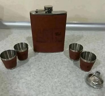 ovçular kolbasa: Dəri üzlü cib kolbası (flask) dəsti - Material: paslanmayan polad — 2
