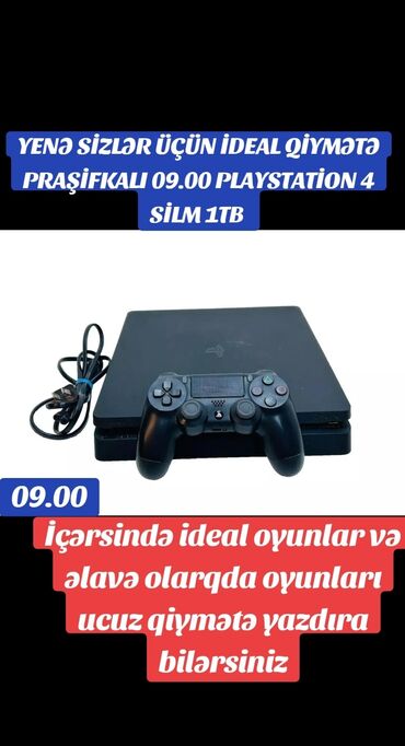 PS4 (Sony Playstation 4): Praşifkalı 09.00 playstation 4 silm 1 TB orjinal Joystick içərsində