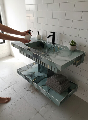 Hamam üçün aksessuarlar: Mərmər effektli konsol-lavabo modulu - Material: Parlaq səthli — 1