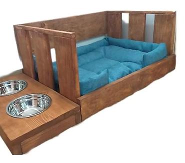 Oprema za kućne ljubimce: Drveni krevet za pse sa integrisanim postoljem za činije - — 2