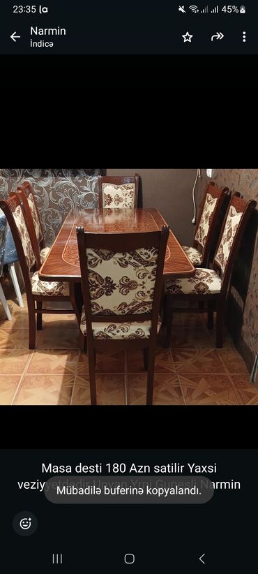 Masa və oturacaq dəstləri: Qonaq otağı üçün, Açılmayan, Dördbucaq masa, 6 stul