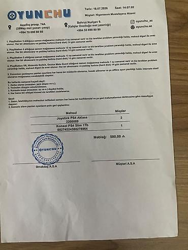 PS4 (Sony PlayStation 4): Ps4 Slim 1Tb 2 orjinal pult(zəmanətdə a class yazılıb amma googleden — 5
