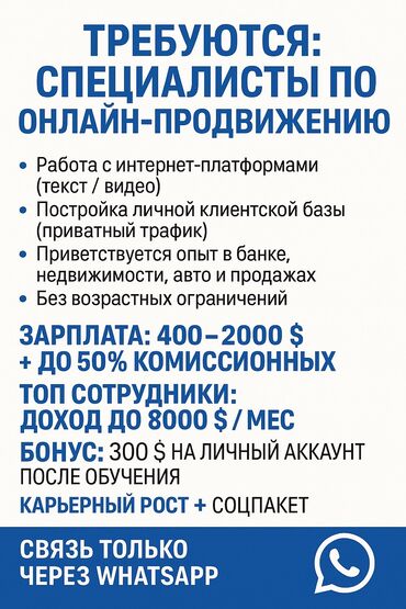 вакансии в бишкеке job.kg: Вакансия: Специалист по онлайн-продвижению（Поддержка удаленной работы