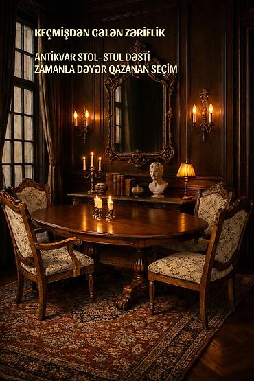 antikvar mebel: Qonaq otağı üçün, İşlənmiş, Açılan, Oval masa, 6 stul — 1