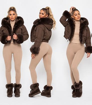 north face kacket: Kratka ženska jakna sa krznom – čokoladno braon - Model: puf jakna — 3