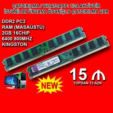 komputer ekrani: Operativ yaddaş (RAM) Kingston, 2 GB, < 1333 Mhz, DDR2, PC üçün, Yeni