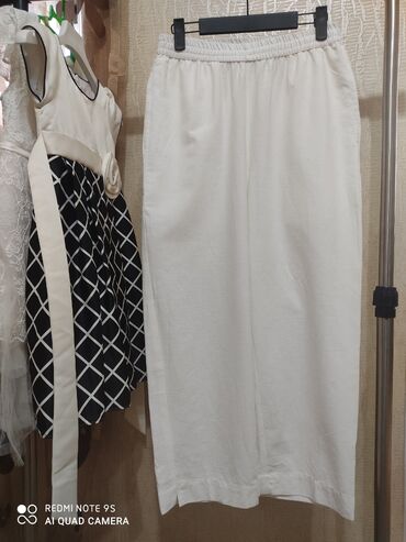 белый костюм женский: Повседневные брюки, Широкие, Лен, Высокая талия, Лето, S (EU 36)
