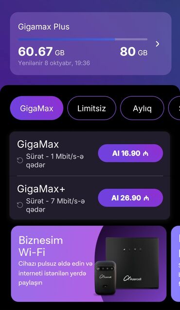 Otel, kafe, restoranlar: Xidmət: Azercell GigaMax internet paketləri - GigaMax Plus: 80 GB
