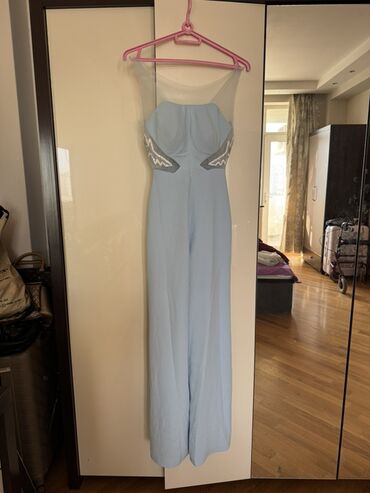 Ziyafət donları: Qadın gecə/libas dəsti 1) Göy rəngli maxi paltar + şifon şal - Göy — 9