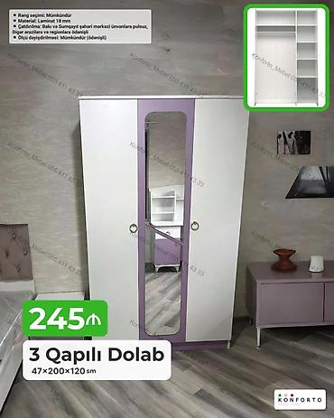 Dolablar: 3 qapılı paltar dolabı – 47×200×120 sm Xüsusiyyətlər: - Material: 18 — 1
