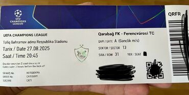İdman formaları: UEFA Çempionlar Liqası matçına bilet. Qarabag Ferencvaros bilet