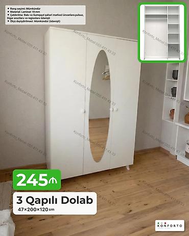 Dolablar: 3 qapılı geyim dolabı – 47×200×120 sm • Material: 18 mm laminat • Rəng — 1
