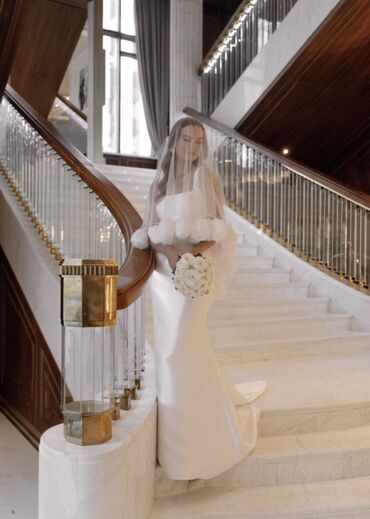 свадебные платья для беременных: Кече көйнөгү, Суу периси, Узун модель, Атлас, Жеңдери жок, XS, S