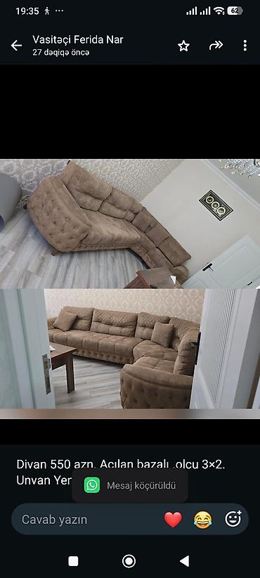 Divanlar: Divan 550 azn. Açılan bazalı .olcu 3×2. Unvan Yeni Günəşli (FN) — 1