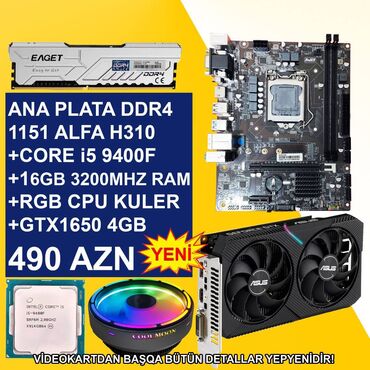 cpu kuler: Ana Platası Asus Ana Plata "DDR4 1151 H310+Core i5 9400F+Kuler+16GB Ram+GTX1650", Yeni