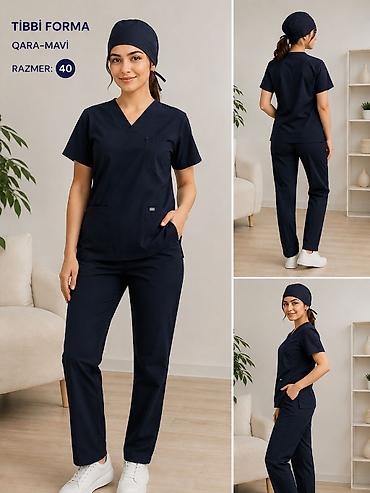 tibb geyimi: Tibbi forma dəsti – qara-mavi rəng • Ölçü: 40 • Komplekt: V-yaxa — 1