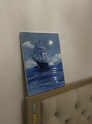 Картины и портреты: Картина акрилом на холсте: ночное море и парусник при луне. Глубокие — 1