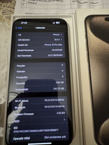Apple iPhone: IPhone 15 Pro Max, 256 GB, Natural Titanium, Zəmanət, Barmaq izi, Face ID — 10