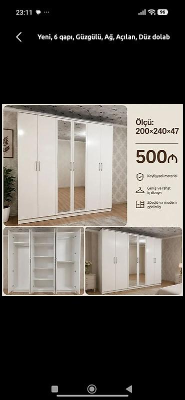 Ağ rəngdə, 6 qapılı, güzgülü paltar dolabı Ölçü: 200 × 240 × 47 sm lalafo.az -da Ağ rəngdə, 6 qapılı, güzgülü paltar dolabı Ölçü: 200 × 240 × 47 sm
