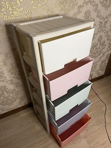Комоды для одежды: Пластиковый комод с пятью выдвижными ящиками белого цвета и салатовым — 19