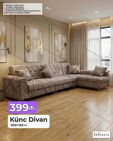 Divanlar: Künc Divan – 260×160 sm - Mexanizm: açılan, bazalı (yataq funksiyası — 1