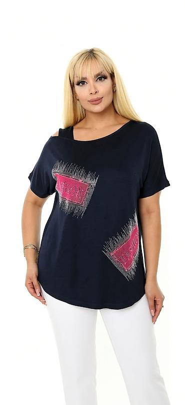 Qadın geyimləri: Qadınlar üçün qısaqoll bluz - Rəng: tünd göy - Kəsim: rahat/oversize — 1