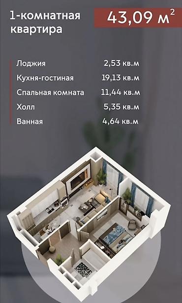 продаю квартиру 9 микрорайон: 1 комната, 43 м², Кок-Жар мкр Элитка, 9 этаж, ПСО (под самоотделку) — 4