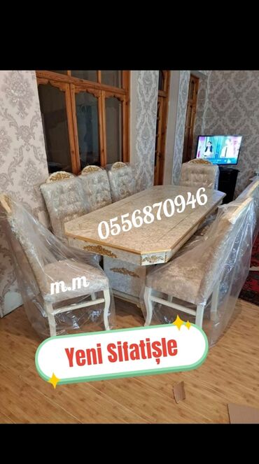 Masa və oturacaq dəstləri: Qonaq otağı üçün, Yeni, Açılmayan, Dördbucaq masa, 6 stul — 29