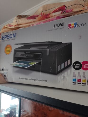 printer: Epson L3050 printeri. Kraskasız satilir. Printerin ozu hem aĝ qara hem