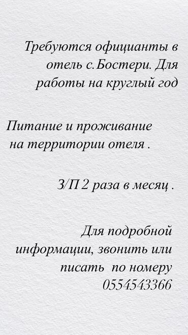 жумуш бишкек кафе: Талап кылынат Официант Тажрыйбасы бир жылдан аз, Төлөм Күнүмдүк