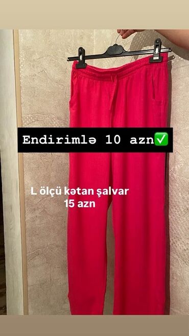 Cinslər: L ölçüdə, kətan materialdan hazırlanmış fuşya rəngli şalvar. Elastik