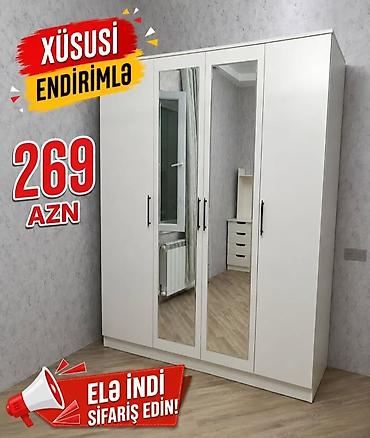 asilqan: Ağ rəngli 4 qapılı paltar şkafı - İki orta qapıda tam boy güzgü - Sadə — 1