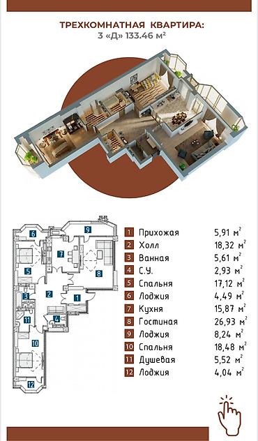 Продажа квартир: 3 комнаты, 136 м², Элитка, 15 этаж, Готовая ПСО (под самоотделку) — 13
