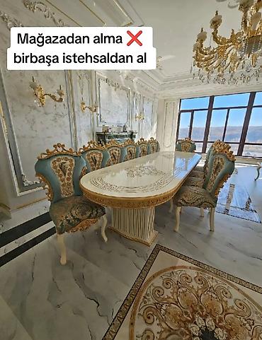 qapı mdf: Klassik üslubda dəbdəbəli qonaq/yemək otağı masa və oturacaq dəsti — 1