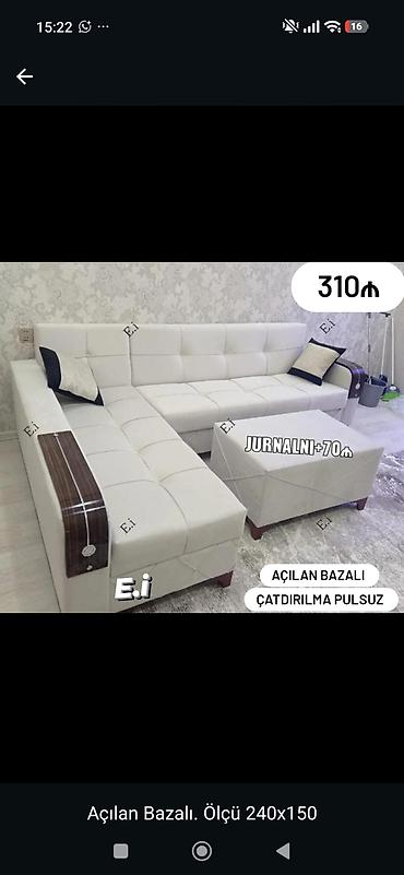 sdullar: Açılan-bazalı L formalı divan dəsti - Ölçü: 240 x 150 sm - Rəng: ağ - — 1