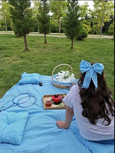 heyet stolari: Piknik dəsti – yumşaq doldurmalı, kvadrat naxışlı yaylıq və yastıqlar — 1
