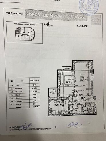 квартиры джале: 2 комнаты, 63 м², Элитка, 9 этаж, ПСО (под самоотделку)