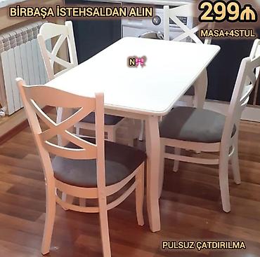 Mətbəx üçün, Yeni, Açılmayan, Dördbucaq masa, 4 stul