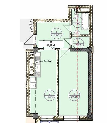 60000: 1 комната, 49 м², Южная Магистраль Элитка, 13 этаж, ПСО (под самоотделку) — 1
