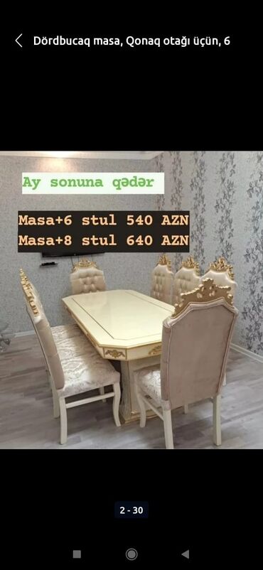 Masa və oturacaq dəstləri: Qonaq otağı üçün, Yeni, Açılmayan, Dördbucaq masa, 6 stul -da lalafo.az — 8 Masa və oturacaq dəstləri: Qonaq otağı üçün, Yeni, Açılmayan, Dördbucaq masa, 6 stul — 8