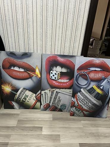 bez parca: Mövzu: 3 parçalı müasir divar tablo seti – “Red Lips & Money” — 5