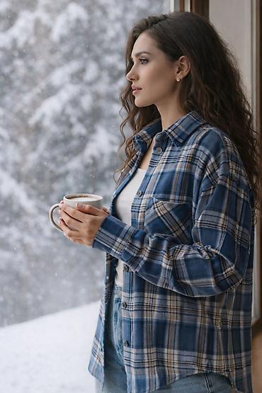 Рубашки: Женская рубашка в клетку - Свободный крой с пониженной линией плеча — — 1