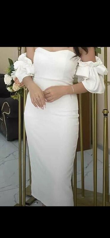 большой размер: L razmer Ağ rəngli, elegant midi don. - Model: off-shoulder