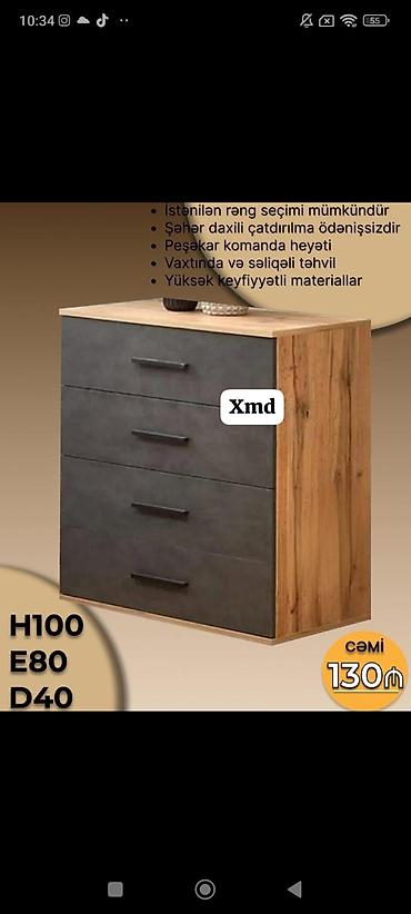 kamot qablari: Mebel komodu – 4 çekmecəli, modern dizayn. - Ölçülər: H100 × E80 × — 1