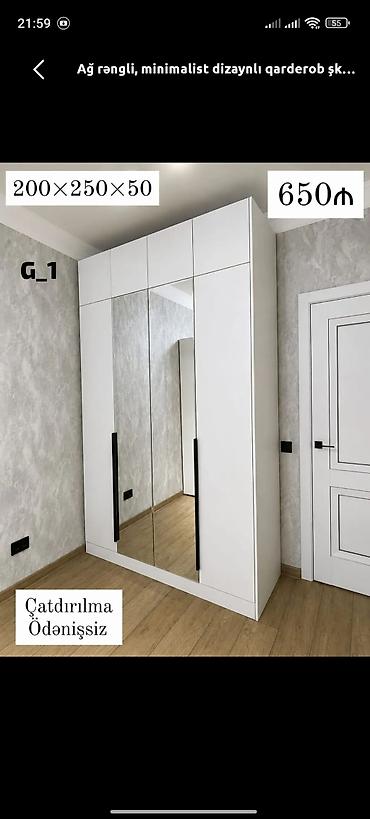 qardirob: Ağ rəngli, minimalist dizaynlı qarderob şkafı - Ölçü: 200 × 250 × 50 — 1